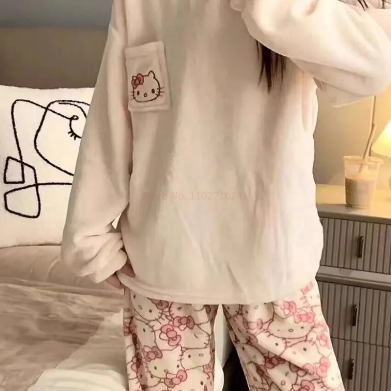 Sanrio Japanese Cartoon Hello Kitty Stuff Pajamas Female Flannel Winter The New Plus Thicken Velvet Sweet Keep Warm Tracksuit