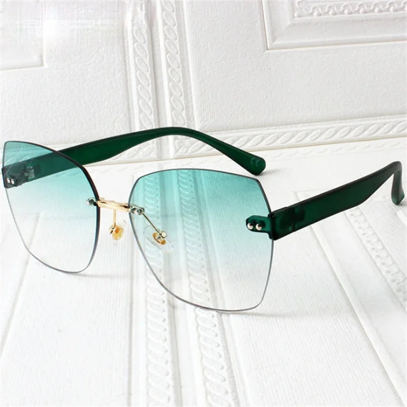 Fashion Rimless Sunglasses Women Luxury Vintage Irregular Trimming Sun Glasses Lady Shades Gradient Eyewear Green UV400