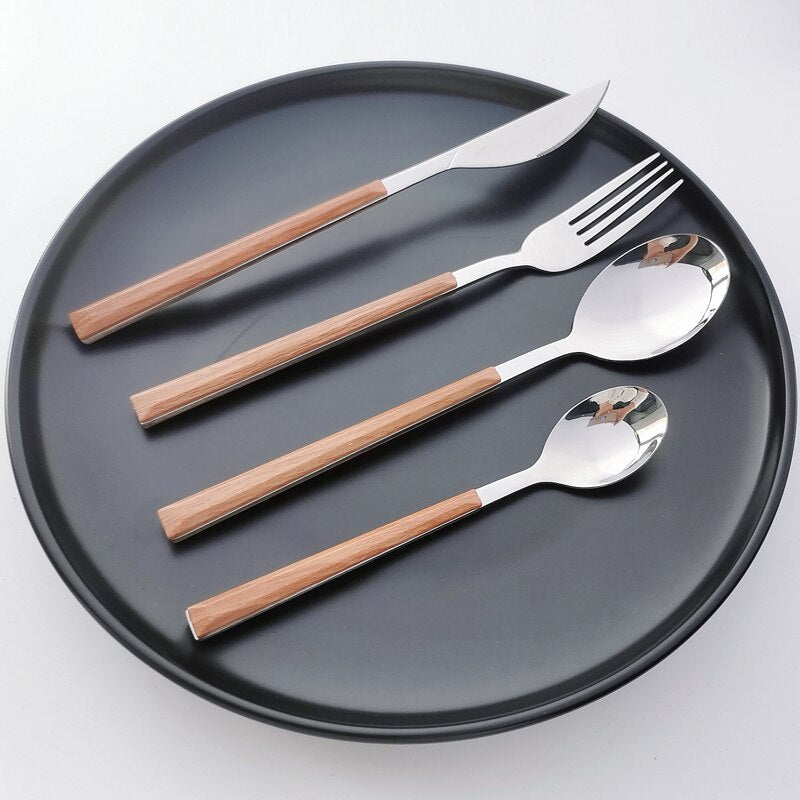 16/20/24Pcs 304 Stainless Steel Dinnerware Sets Glossy Silver Wooden Tableware Western Food Knife Fork Teaspoon Cubiertos