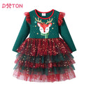 DXTON Princess Dress For Girls Christmas Gift Elk Printed Children New Year Party Clothing Winter Layered Mesh Kids Xmas Dress