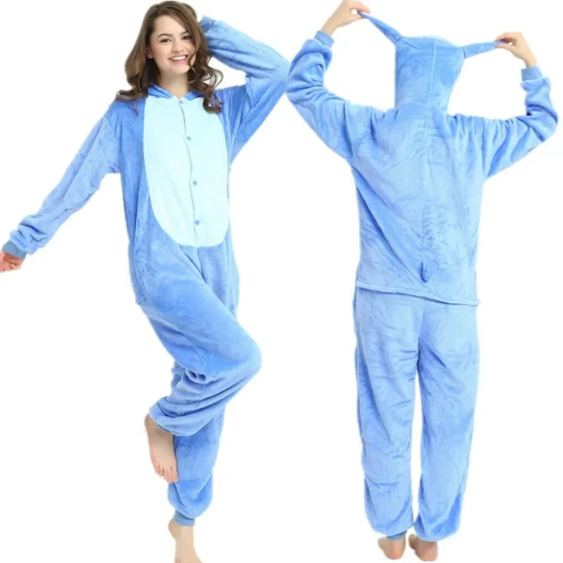 MINISO Stitch Winter Adult Animal Pink Blue Stitch Pajama Flannel Onesie Cosplay Homewear Christmas Pyjamas With Zipper Kigurumi