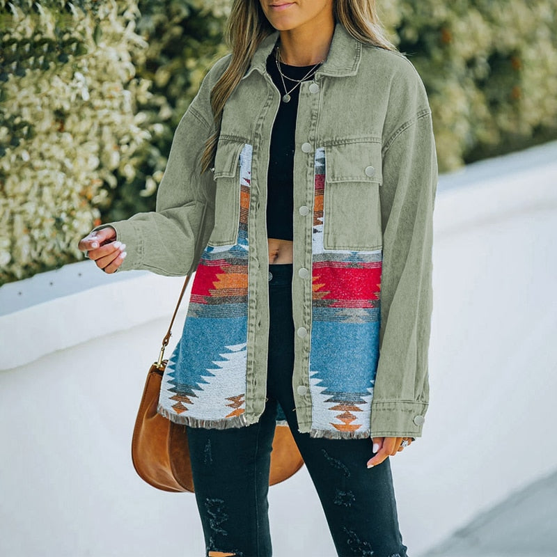 Jeans Casual Jackets 2023 Autumn Winter New Aztec Lapel Pocket Denim Coat Patchwork Long Sleeve Wool Women&