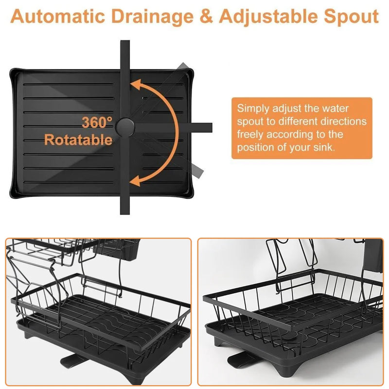 Dish Drying Rack 2-Tier Compact Kitchen Dish Rack Dish Drainer with Chopstick Cylinder Kitchen Drainer rack with spout