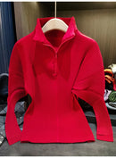 Miyake Pleated Sweatshirt Pit Stripe Zipper Standing Collar Jacket Women 2025 New Casual Pullover Hundred Pleat Skinny Tops