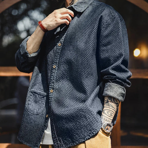 The Indigo Archive | Retro Oversized Denim Shirt with Checkered Lapel