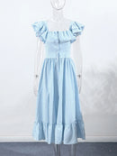 Flying Sleeve Ruffle Striped Slip Long Dress Women Elegant Square Collar Waist Cinching Pleat Party Dresses Chic Ladies Vestido