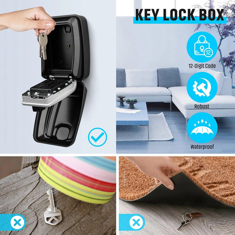 Wall Mounted Key Storage Box Safe Waterproof Anti-theft Key Box With Combination Lock 12-Digital Password Office Home Outdoor