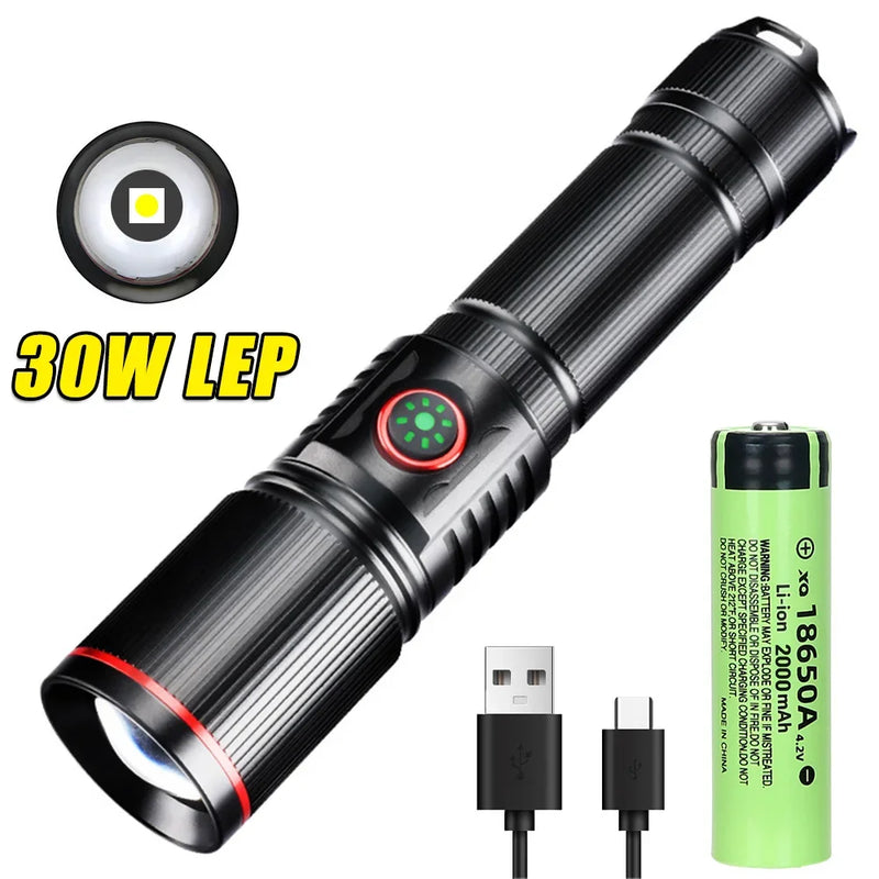 Heinast 1000lm S009 Powerful Tactical LEP Flashlight 18650 or 21700 Battery Zoom Torch Light Lamp with Tail Rope Power Indicator