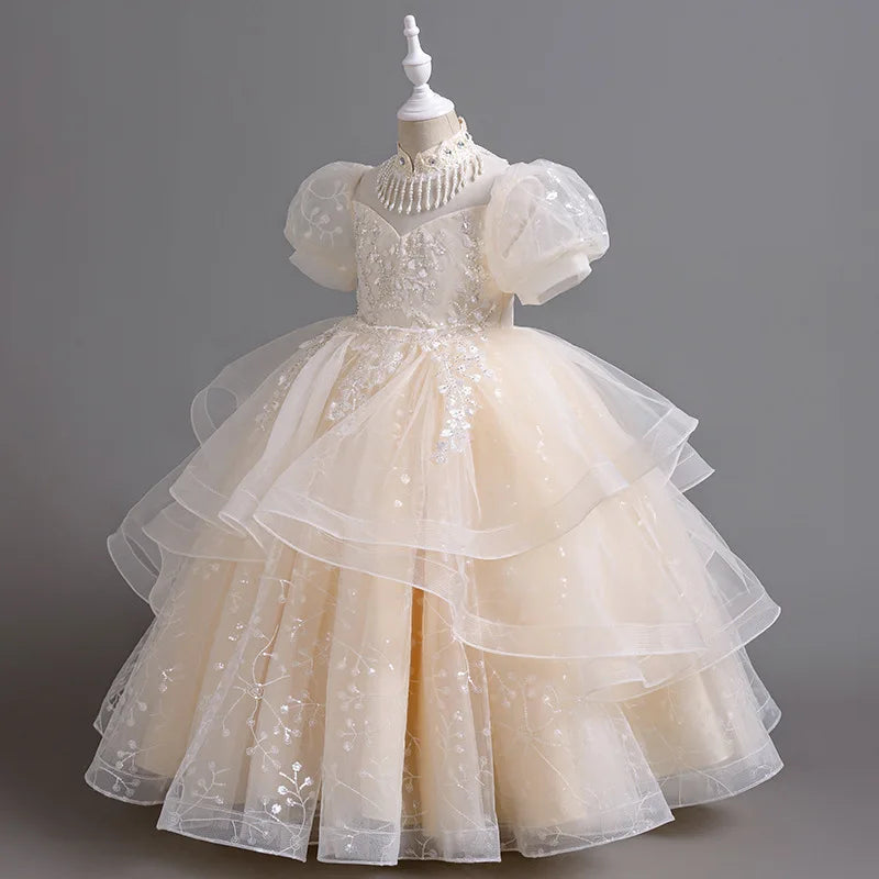 High-end Flower Girls Princess Sequins Wedding Christmas Party Dress Elegant Puff Sleeve Teenager Children Kids Gauze Vestidos