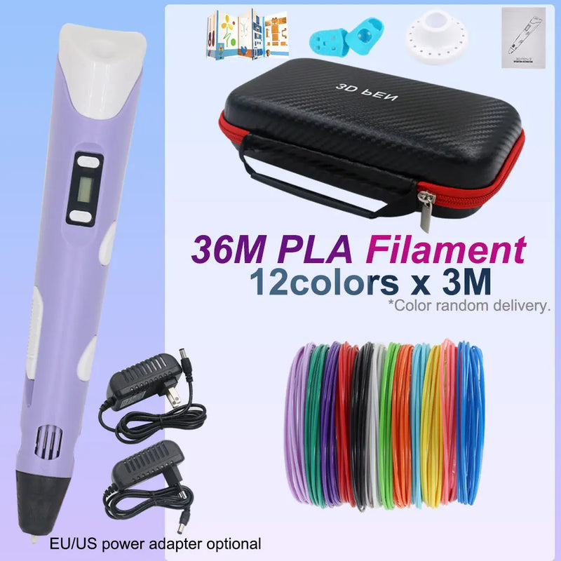 Kids 3D Pen 3D Drawing Printing Pen with LCD Screen 200M 30Colors PLA Filament Toy Kids Christmas Birthday DIY Creativity Gift