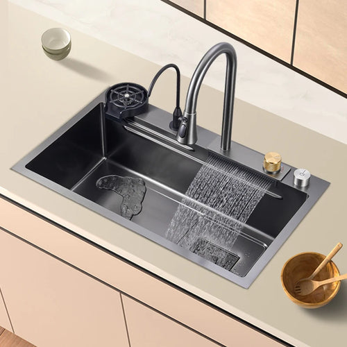 Multifunktions-Schwarz-Nano-Küchenspüle, Wasserfallhahn, großes Einzelbecken, Tassenreiniger, reiner Wasserhahn, Seifenspender, Edelstahl 304