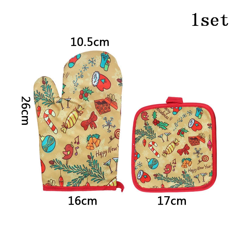 2pcs/set Christmas Anti-Hot Oven Mitts and Pot Holders Christmas Home Decoration Kitchen Cooking BBQ Gloves Xmas Party Supplies