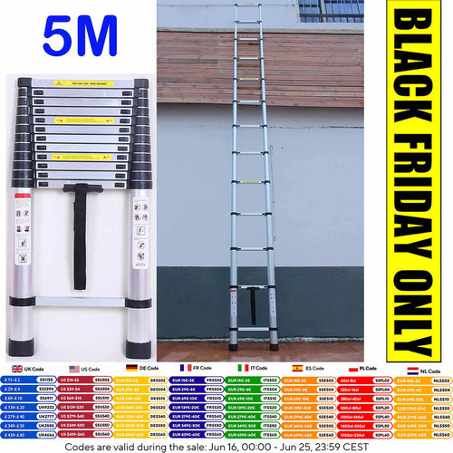 DayPlus 5m Telescopic Ladder 16.4ft Multi-Purpose Aluminum Lightweight Folding ladder Non-Slip Extendable Sturdy Home Loft Tool