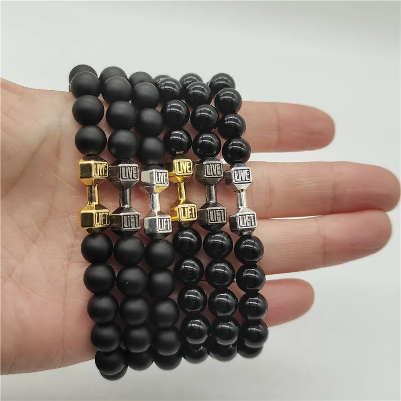 Lava Bracelet Black Volcanic Stone black Matte Dumbbell Beads Bracelets For Women Men Fitness Barbell Jewelry Mens Bracelets