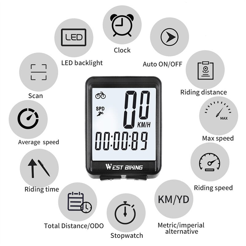 WEST BIKING Waterproof Wireless Bicycle Computer Wired LED Speedometer MTB Bike Cycling Odometer Stopwatch White Green Backlight