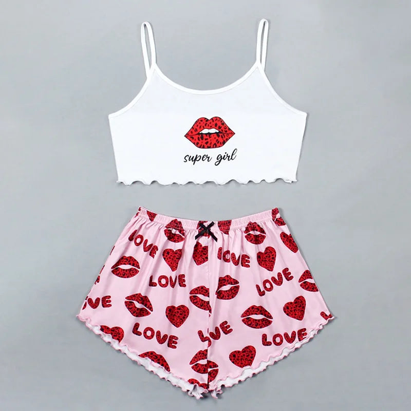 Two-Piece Vest Camisole Pink Lips Pattern Printing Comfortable Women Home Pajamas Bustier Waist Cartoon Cow Cute Loungewear