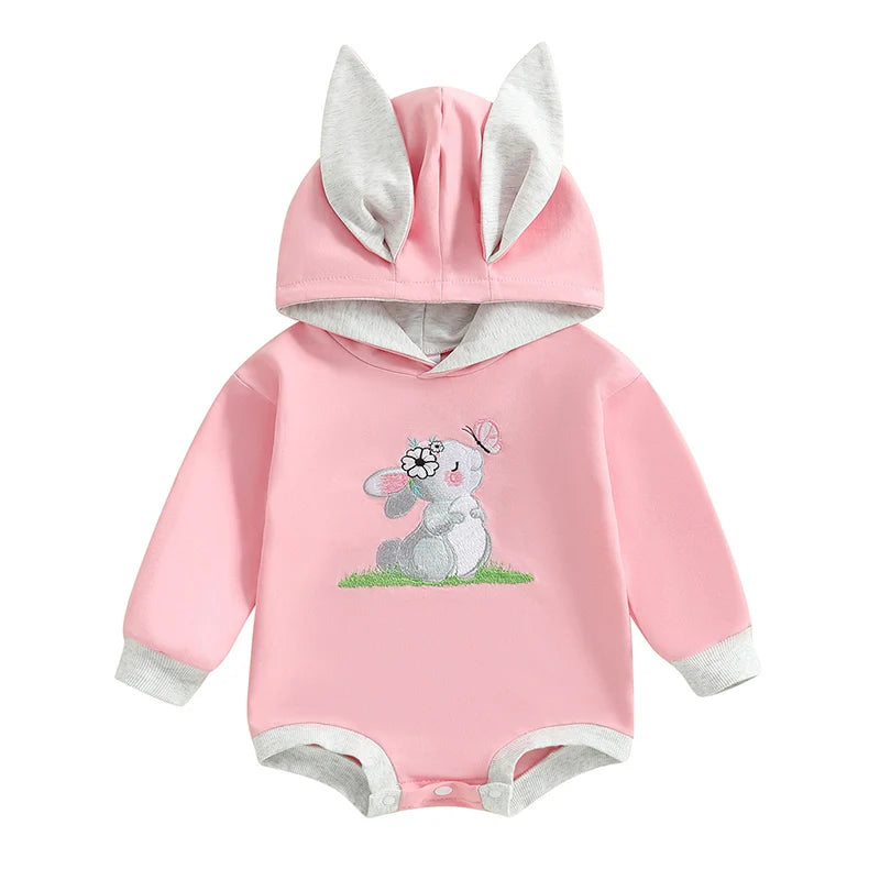 Adorable Baby Easter Bunny Hooded Romper with Long Sleeves and Embroidered Letter Detail for Infant Girls