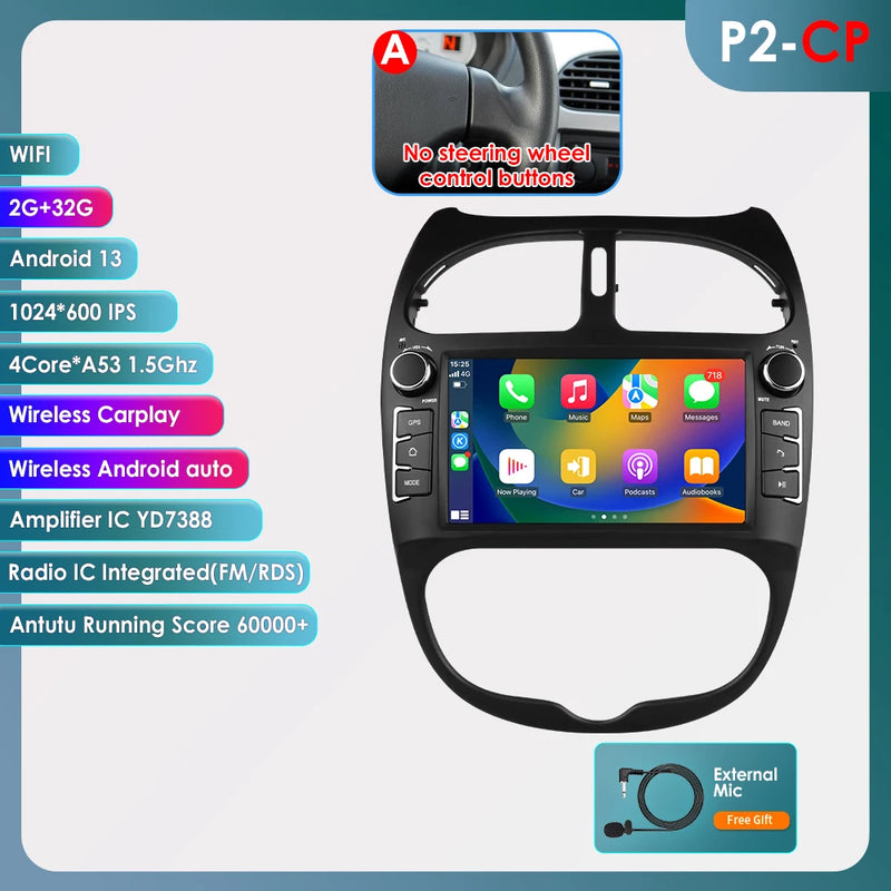 Hizpo 2Din 7inch Android Car Radio for Peugeot 206 206CC 206SW 2000 - 2008 Multimedia 4G BT Auto CarPlay GPS RDS DSP Stereo