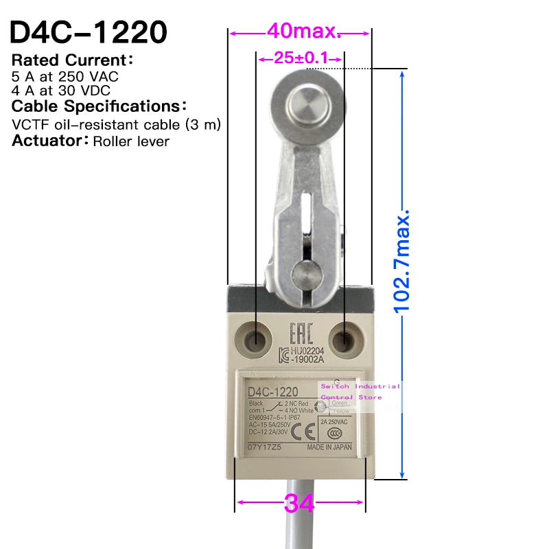 High strength waterproof travel limit switch D4C-1202 1201 1203 1220 1224 1231 1232 1233 1250 1260 1620 3324 Enclosed switch1227