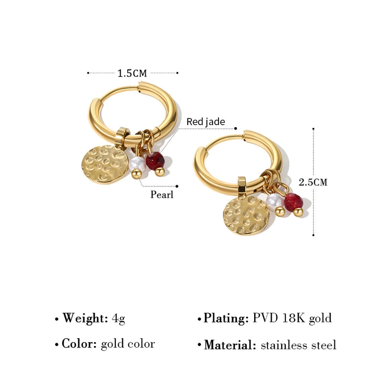 YACHAN 18K Gold Plated Stainless Steel Hoop Earrings for Women Metal Irregular Texture Natural Stone Charms Trendy Jewelry