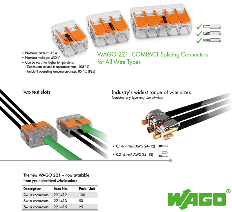 20pcs 221-412 221-413 221-415 100%Original Wire Connector Kit Splice Connector 24-12AWG CE PSE UL Quick Disconnect Wire Terminal