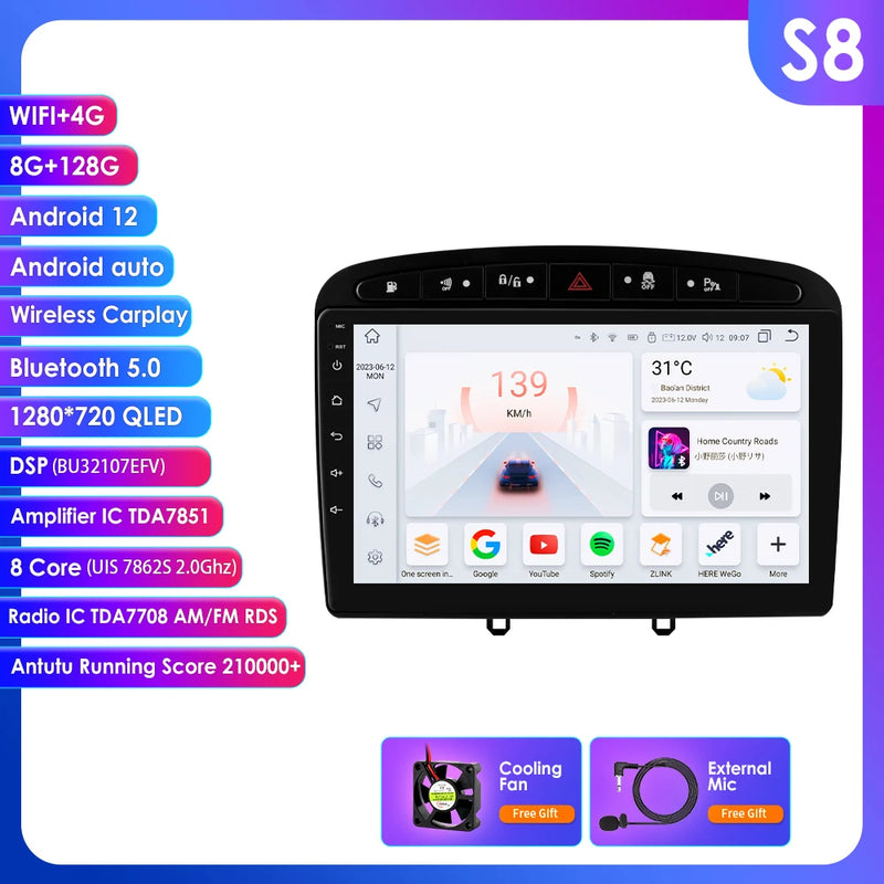 Hizpo 2Din Wirless CarPlay Android Auto Car Radio for 308 308S 408 2012 - 2020 UI7862 Headunit DSP RDS BT 4G GPS Navi 360° CAM