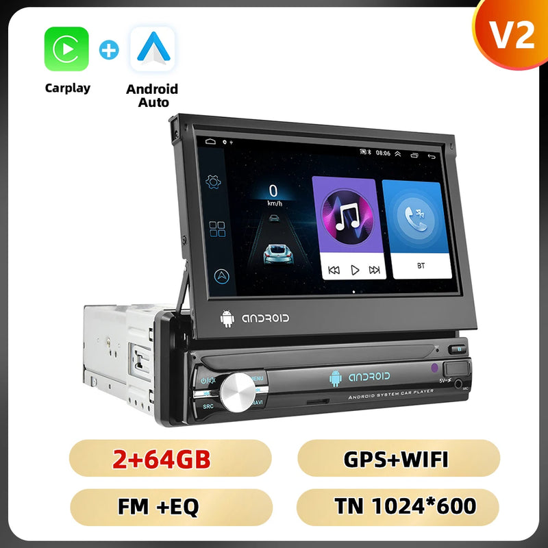 Podofo 1Din 7 ''Car Multimedia Player 8 + 128G 8Core Car Radio Carplay Android Car WIFI GPS Navigation Retractable Screen Stereo