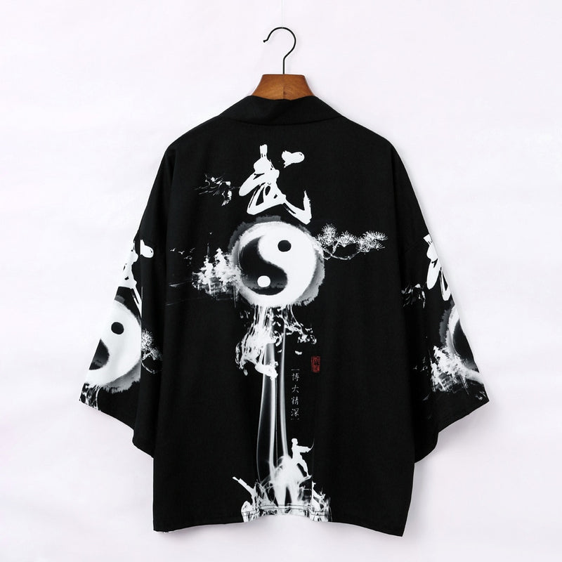 Japanese Kimono Men Cardigan Shirt Blouse Yukata Haori Obi Clothes Summer Printed Black Male Samurai Clothing