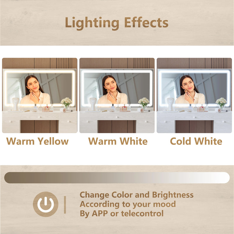 IRONCK Vanity Desk Set with LED Lighted Mirror & Power Outlet, 7 Drawers Makeup Vanities Dressing Table with Stool, for Bedroom