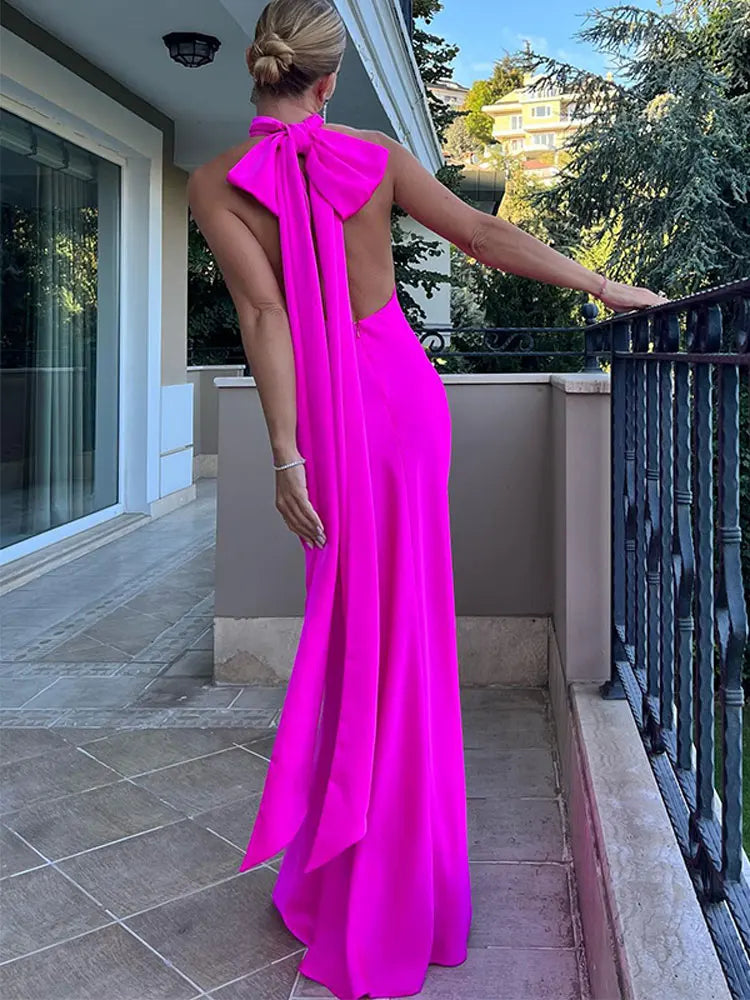 Sexy Bowknot Lace Up Halter Maxi Dress Women Backless Sleeveless Floor Length Slim Robes 2024 Fashion Lady Evening Prom Vestidos