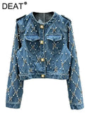 DEAT Women's Denim Jacket O-neck Embroidered Flares Diamond Pearls Buttons Plaid Elegant Coat 2025 Summer New Fashion 29L6353