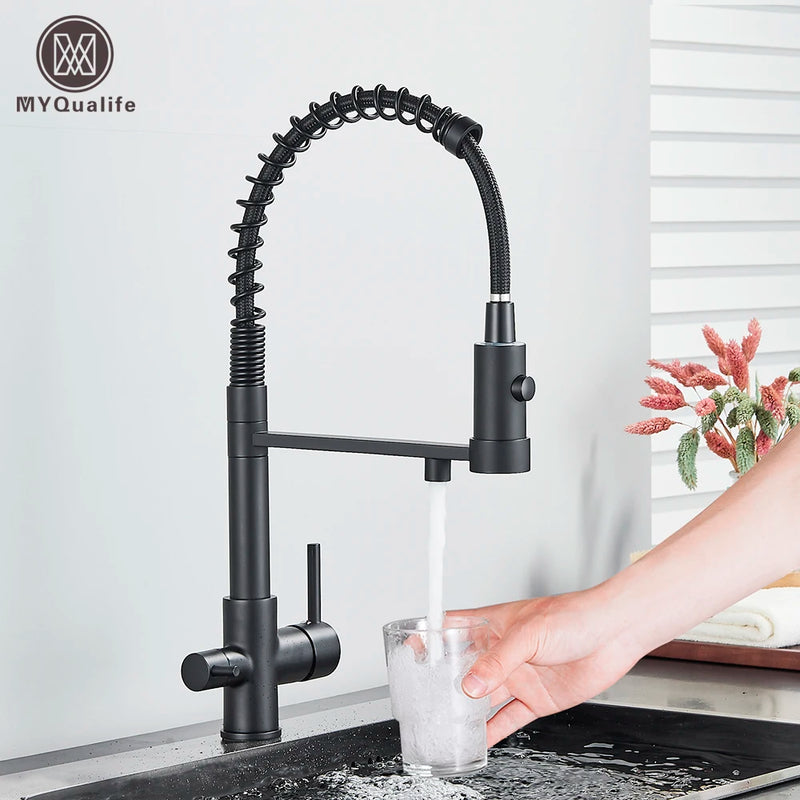 Matte Black Filtered Kitchen Faucet Pure Water Kitchen Faucet Dual Handle Hot&Cold Drinking Water Purified Kitchen Mixer Taps