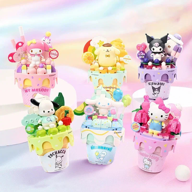 Sanrio Series Ice Cream Cone Building Blocks Hello Kitty Kuromi Pochacco Cinnamoroll Bricks Model Desktop Display Kids Toys Gift