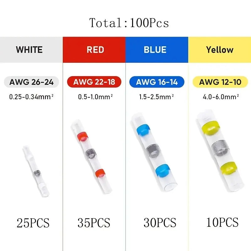 100pcs Waterproof Solder Seal Heat Connector Shrink Butt Connectors Lug Terminals Electrical Wire Car Insulated Terminal