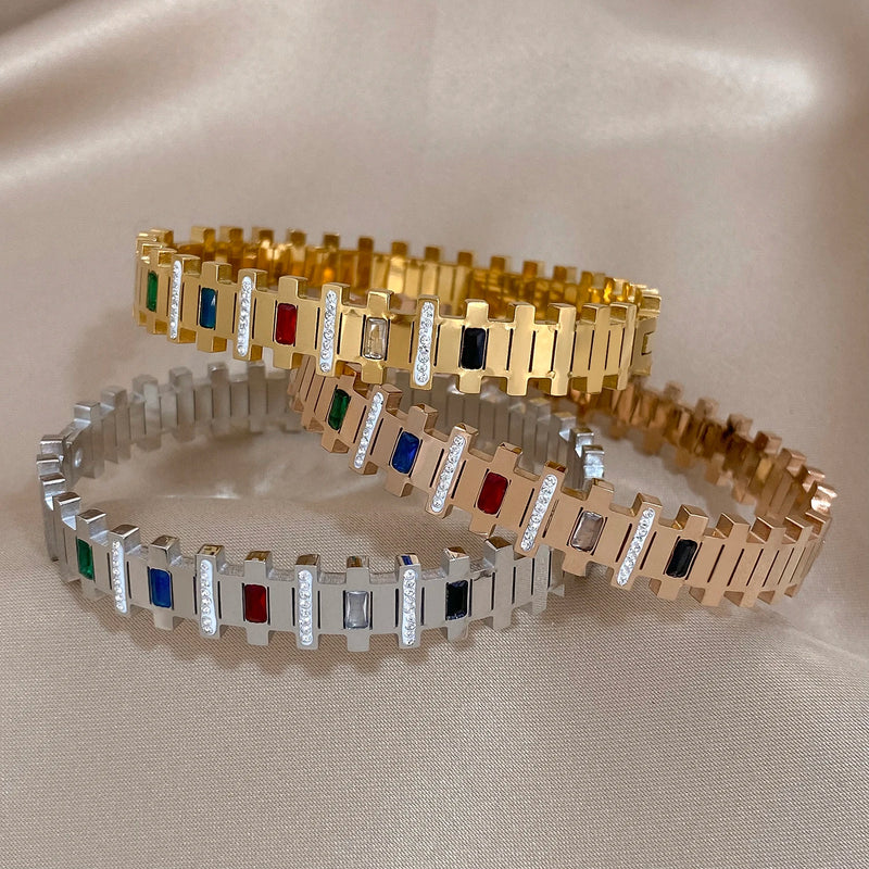 AENSOA Vintage Chic Multicolor Big Rhinestone Zircon Stainless Steel Bangles Bracelets for Women Simple Charm Waterproof Jewelry