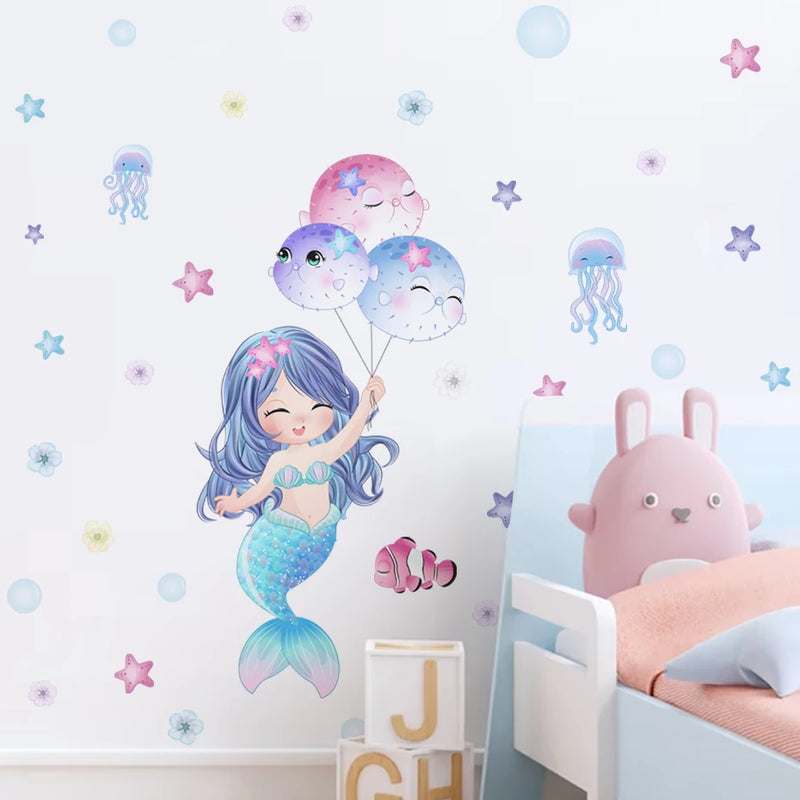 Cute Cartoon Mermaid Swinging Jellyfish Wall Stickers for Baby Girls Room Kids Room Wall Decals Nursery Living Room Decor