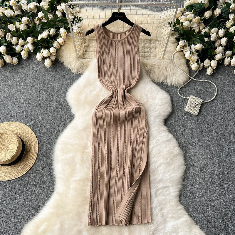 Green New Summer Knit Sexy Strap Dress Women Tank Elatic Waist Bodycon Sundress Female Beach Split Maxi Long Dress