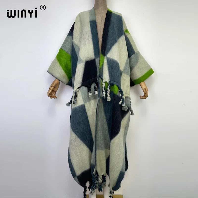 2022 WINYI Winter Women tassel Cardigan coat Loose Christmas dress robe longue Thick Warm free size Middle East Female Kaftan