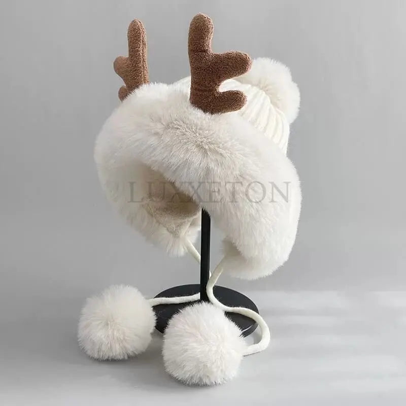 Winter Cute Reindeer Warm Hat Women Beanies Windproof Cap Student Women Add Wool Cap Female Hat Present Girls Christmas Gifts