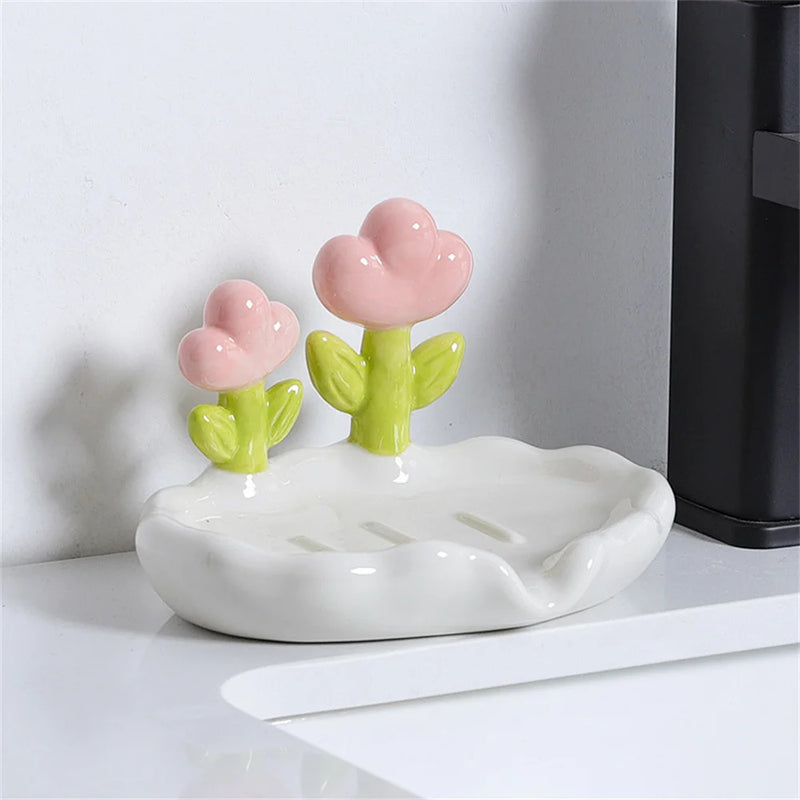 1pc Creative Flower Decor Soap Dish, Cute Plastic Drain Soap Tray, Self Draining Soap Holder, Storage Soap Rack For Bathroom