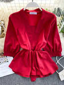 Women's Temperament Shirt Summer Design Ruffles Lace Up Waist Wild Shirt Tide Solid V-Neck Three Quarter Shirts Top ML673