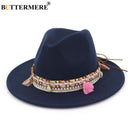 BUTTERMERE Womens Fedora Hat Wool Khaki Jazz Hats Female National Casual Large Brim Vintage Autumn Classic Felt Hat And Cap 2022