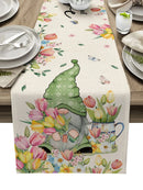 Spring Easter Tulip Gnome Linen Table Runners Holiday Party Decor Farmhouse Kitchen Dining Table Runners Easter Decoration 2024