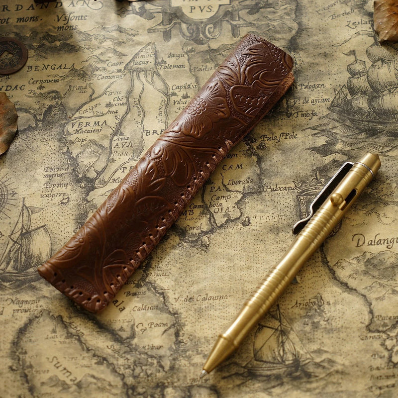 Genuine Leather Pencil Bag with Flower Embossed Leather Boy's and Girl's School Students Pen Holder Simple Retro Pencil Bag