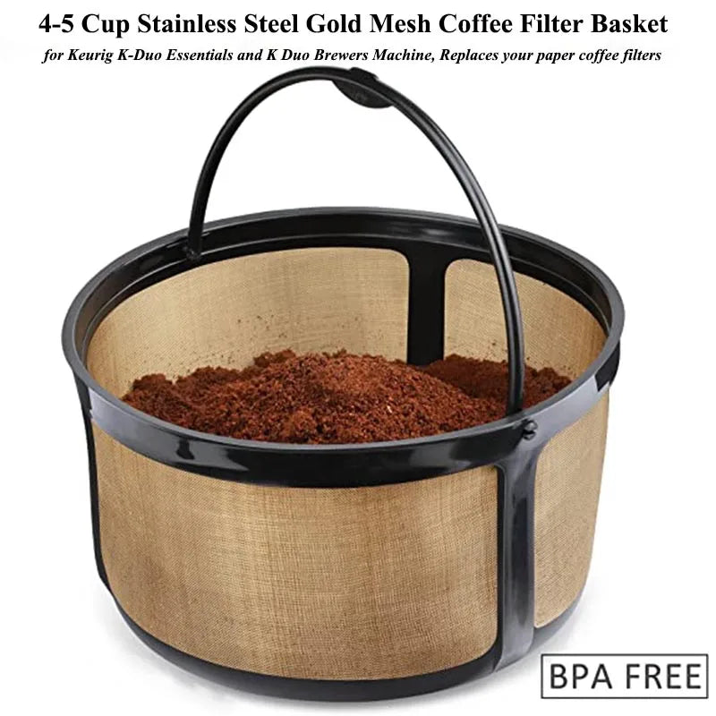 Reusable Coffee Filter Basket with Handle, Stainless Steel, Gold Mesh, Durable Strainer, 4-5 Cup
