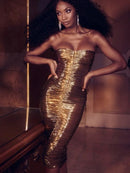 BEAUKEY Gold Shiny  Sexy HL Bandage Strapless Dress Women Celebrity  Club Drape Winter Autumn Slash Neck Vestidos