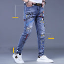 Fashion Printed Jeans Men's Korean Brand Embroidery Badge Pattern Youth Ripped Small Feet Teenagers Cowboy Pencil Pants