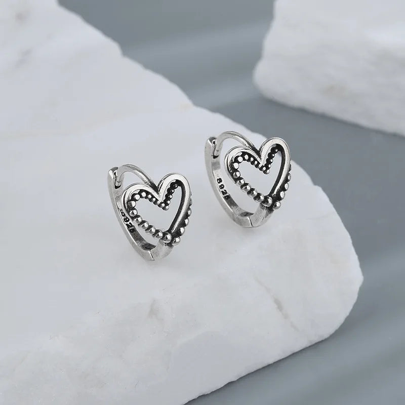 CIAXY Silver Color Hollow Heart-shaped Earrings for Women Asymmetric Double Love Small Ear Buckle Thai Silver Retro Jewelry