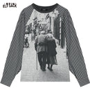 ELFSACK 2025 Fitted Graphic Long Sleeve Tee Women, Raglan Striped Sleeve All-Over Print T-Shirt, Retro Y2K Streetwear Top