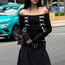 Goth Dark Lace Up Y2k Sexy Off Shoulder T-shirts Gothic Harajuku Long Sleeve Women Crop Tops Korean Fashion Streetwear T-shirt